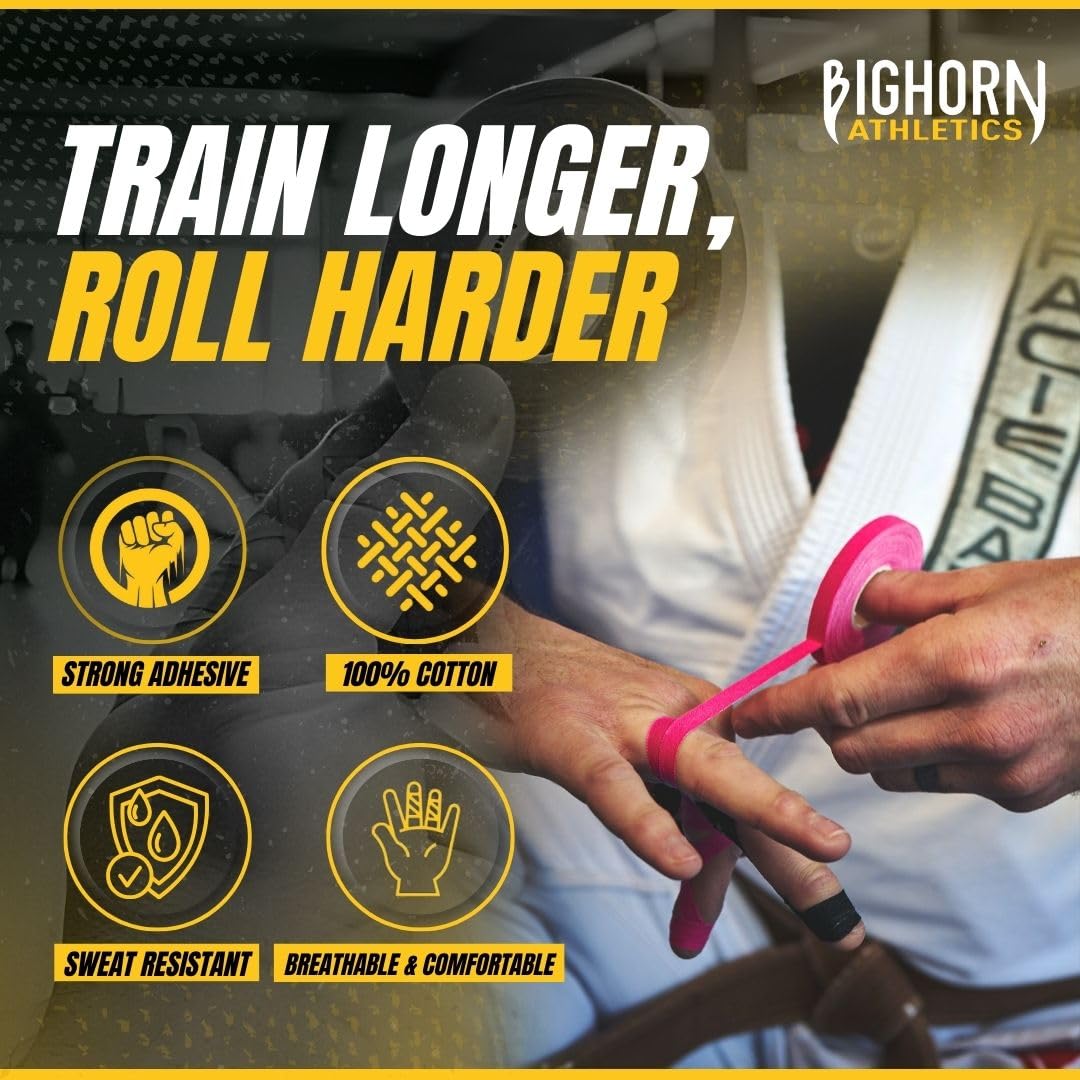 Bighorn Athletics Jiu Jitsu Finger Tape | Residue-Free Athletic Finger Tape for Sports & Injuries: Rock Climbing, Volleyball, Football, Basketball, Hands & Toes | 0.3-Inch x 45-feet, 8-Rolls, Black