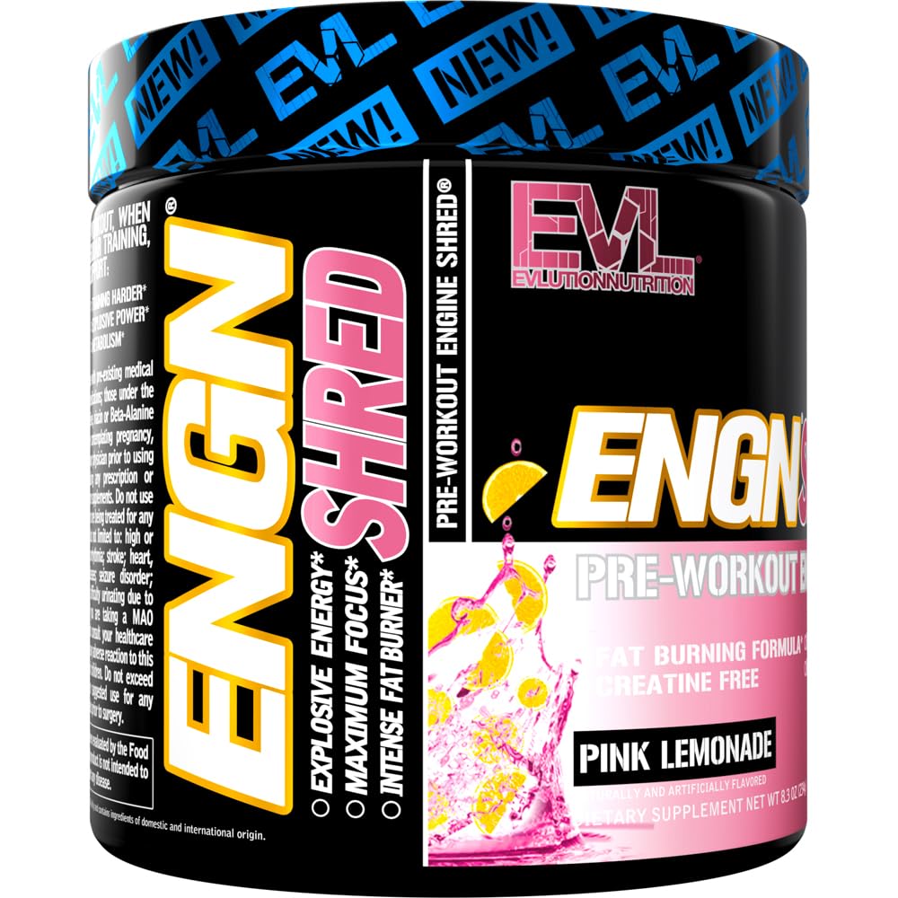 EVL Ultimate Pre Workout Powder - Thermogenic Fat Burner Preworkout Powder Drink for Lasting Energy Focus and Stamina - ENGN Shred Intense Fat Burning Creatine Free Preworkout Drink - Cherry Limeade