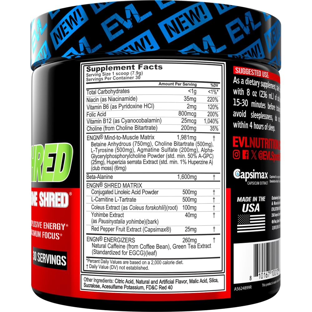 EVL Ultimate Pre Workout Powder - Thermogenic Fat Burner Preworkout Powder Drink for Lasting Energy Focus and Stamina - ENGN Shred Intense Fat Burning Creatine Free Preworkout Drink - Cherry Limeade