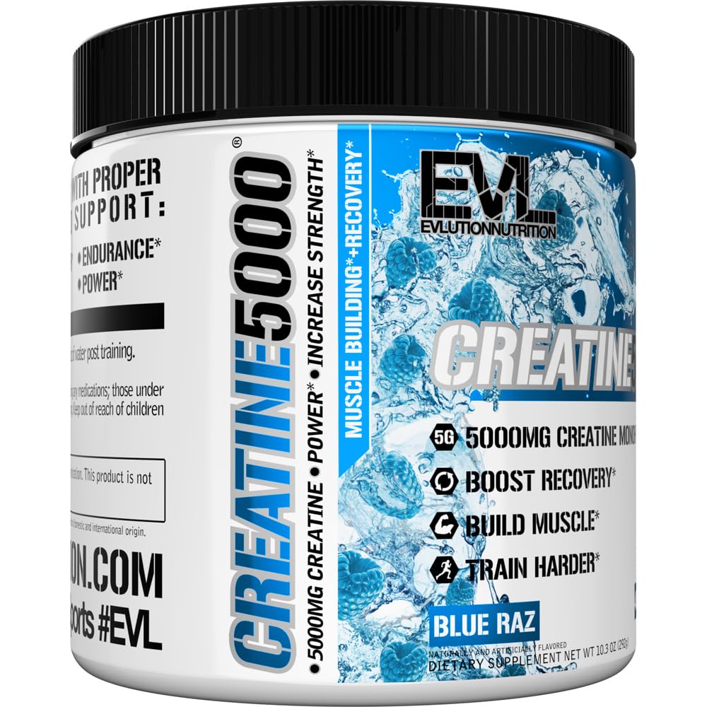Evlution Nutrition Creatine 5000 - Supports Faster Recovery, Lean Muscle Growth & Performance - Pre & Post Workout Powder - 5000mg Pure Creatine Monohydrate Per Serving - 60 Servings - Unflavored