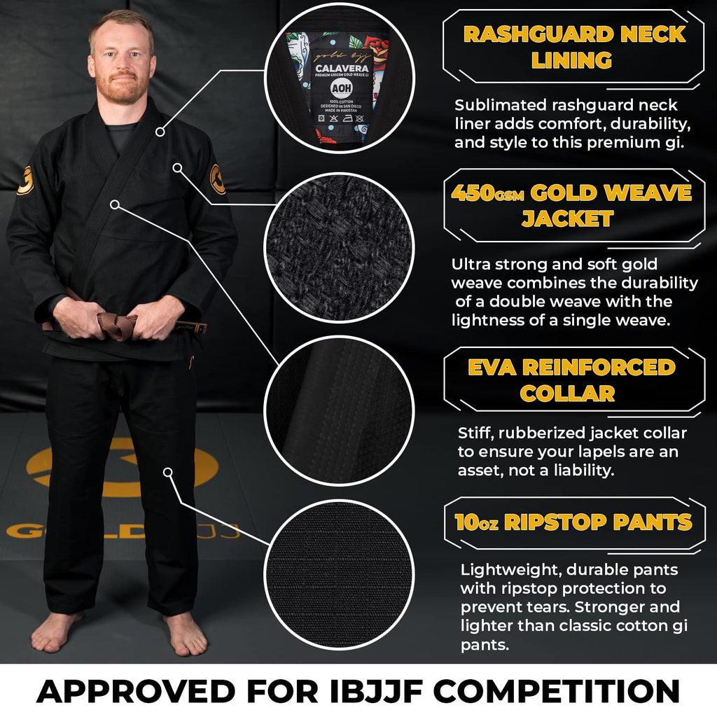 Gold BJJ Calavera Jiu Jitsu Gi - Ultra Strong Gold Weave Premium Kimono - IBJJF Competition Approved Uniform