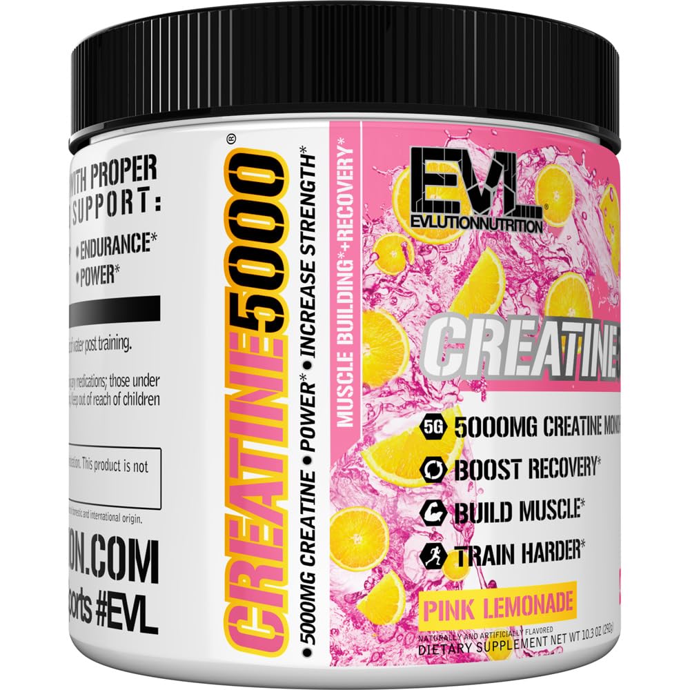 Evlution Nutrition Creatine 5000 - Supports Faster Recovery, Lean Muscle Growth & Performance - Pre & Post Workout Powder - 5000mg Pure Creatine Monohydrate Per Serving - 60 Servings - Unflavored