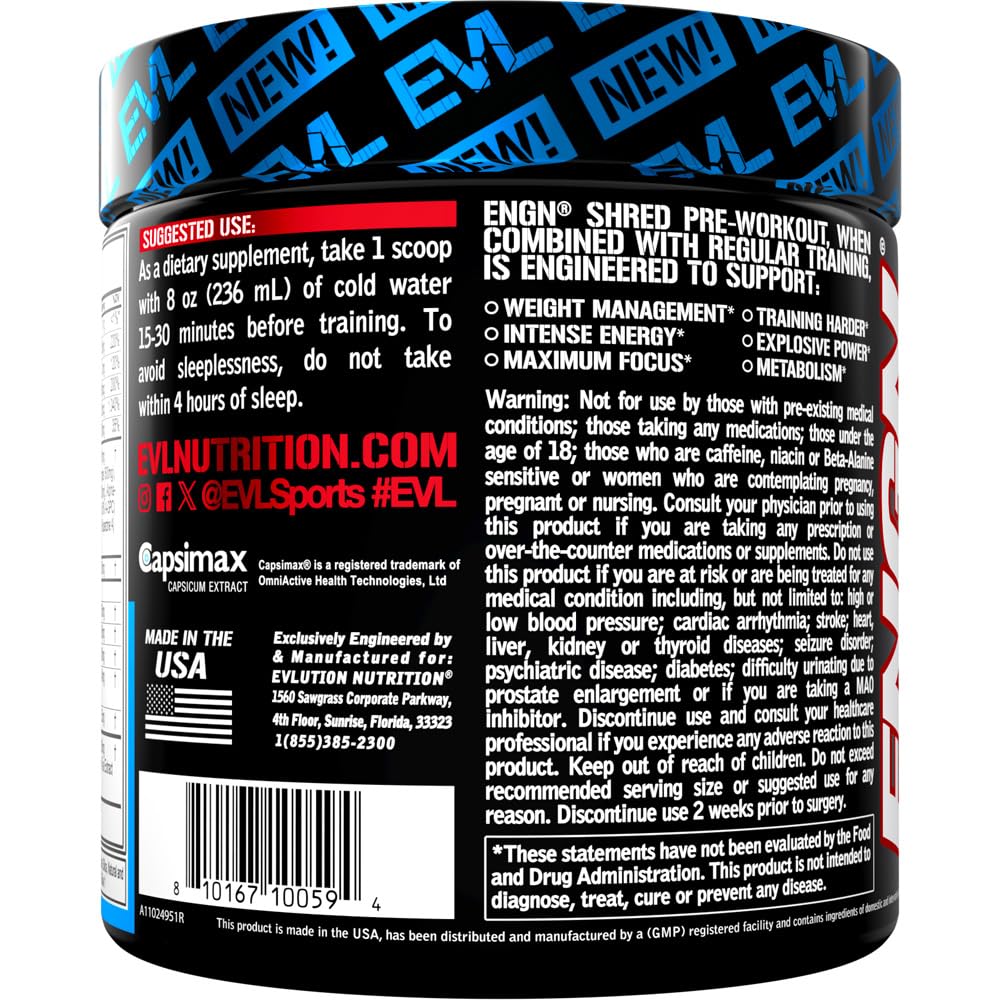 EVL Ultimate Pre Workout Powder - Thermogenic Fat Burner Preworkout Powder Drink for Lasting Energy Focus and Stamina - ENGN Shred Intense Fat Burning Creatine Free Preworkout Drink - Cherry Limeade