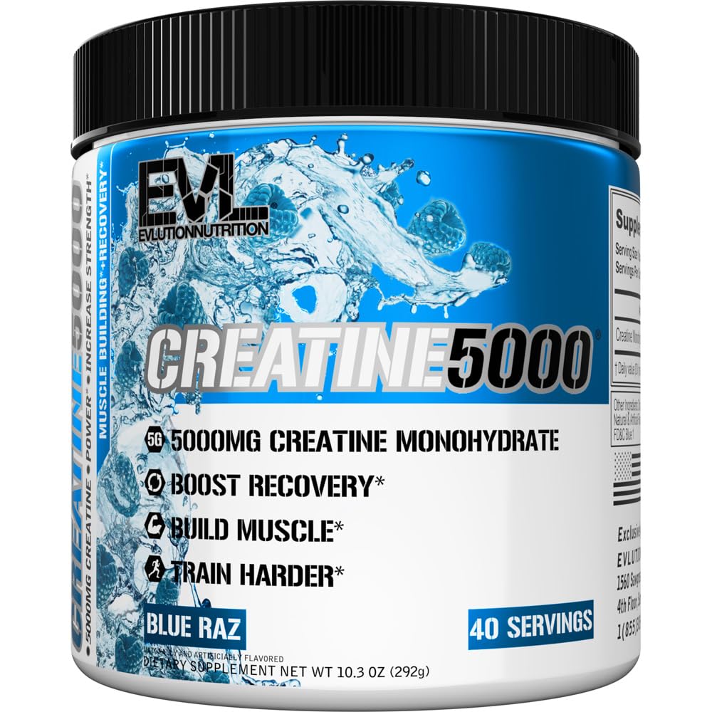 Evlution Nutrition Creatine 5000 - Supports Faster Recovery, Lean Muscle Growth & Performance - Pre & Post Workout Powder - 5000mg Pure Creatine Monohydrate Per Serving - 60 Servings - Unflavored