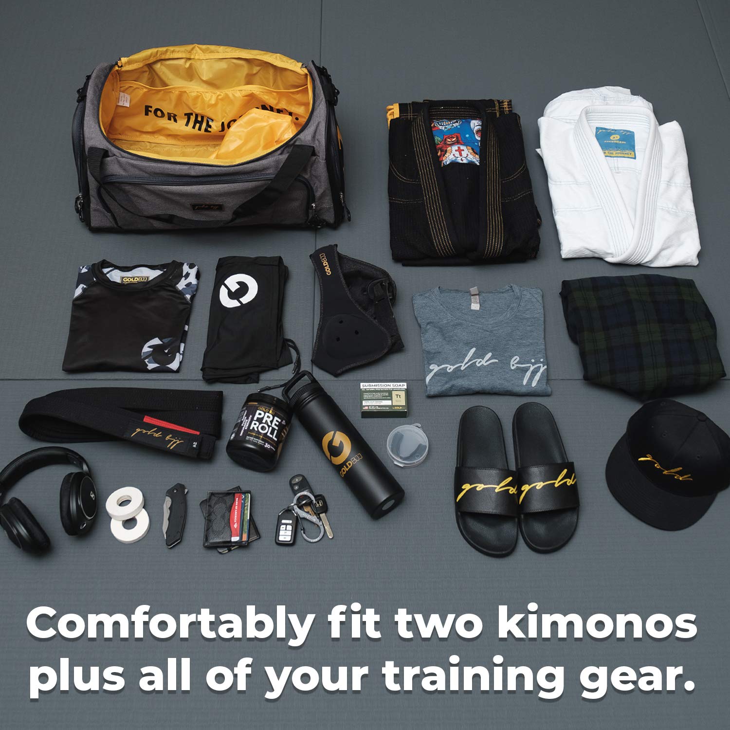 Gold BJJ Jiu Jitsu Duffle Bag - Waterproof Pocket for Sweaty Gi, Rashguard, or Shoes - The Perfect Duffel Bag for Martial Arts Gear, Boxing, MMA, and More