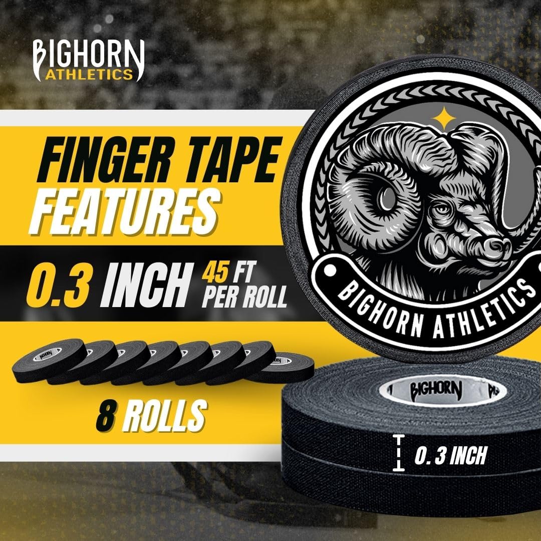 Bighorn Athletics Jiu Jitsu Finger Tape | Residue-Free Athletic Finger Tape for Sports & Injuries: Rock Climbing, Volleyball, Football, Basketball, Hands & Toes | 0.3-Inch x 45-feet, 8-Rolls, Black