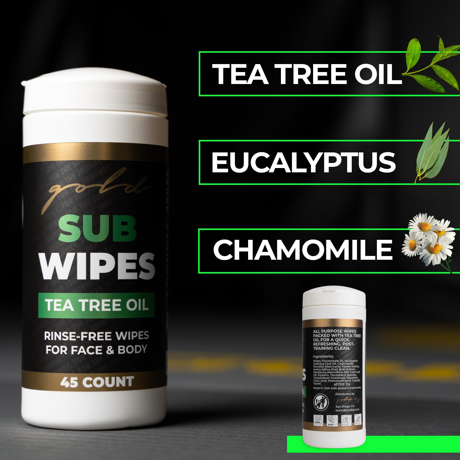 Gold BJJ Jiu Jitsu Wipes [XL 45 Count] Tea Tree Oil Face and Body Wipe - Cleansing Skin Defense for Martial Arts & Wrestling