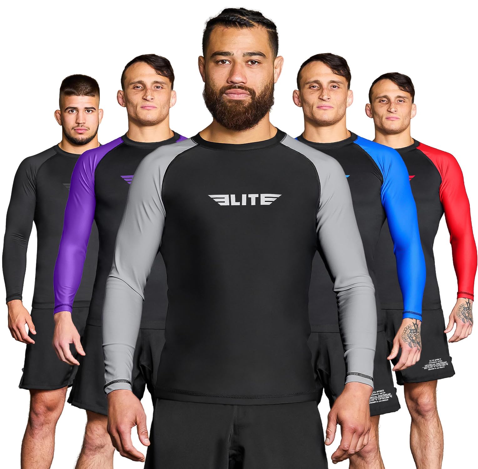 Elite Sports Men's Jiu Jitsu BJJ Rash Guard, Long Full Sleeve Compression Shirt for Sports Nogi Training
