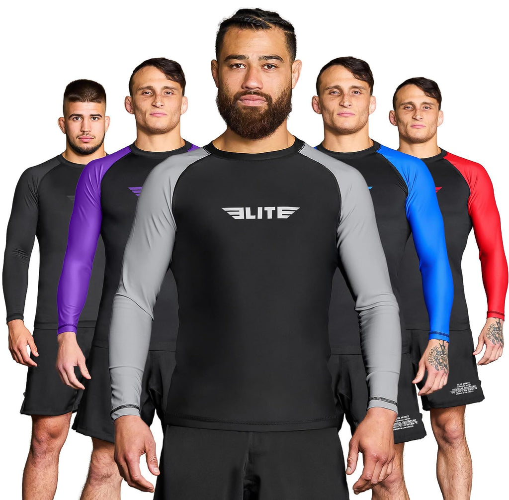 Elite Sports Men's Jiu Jitsu BJJ Rash Guard, Long Full Sleeve Compression Shirt for Sports Nogi Training