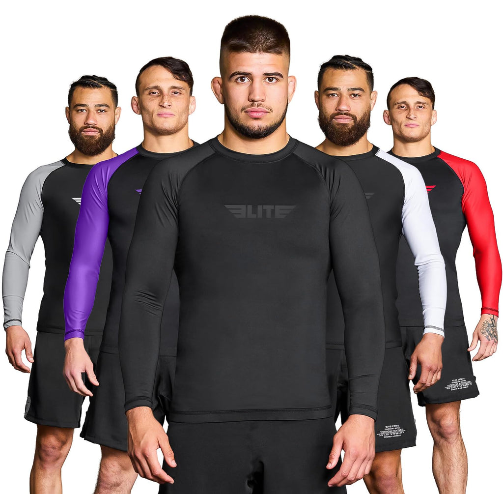 Elite Sports Men's Jiu Jitsu BJJ Rash Guard, Long Full Sleeve Compression Shirt for Sports Nogi Training