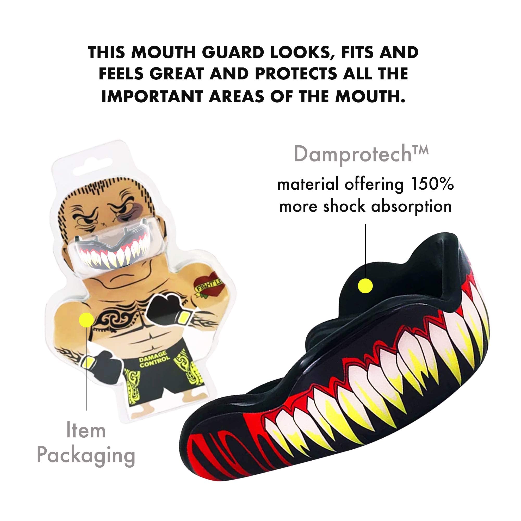 DAMAGE CONTROL High-Impact Mouth Guard – Sports Mouthguard for Boxing, Football, Hockey, Lacrosse & Basketball, Protects Teeth & Jaw, Protective Mouthpiece for Adults & Youth (Adult, HA HA HA 2.0)