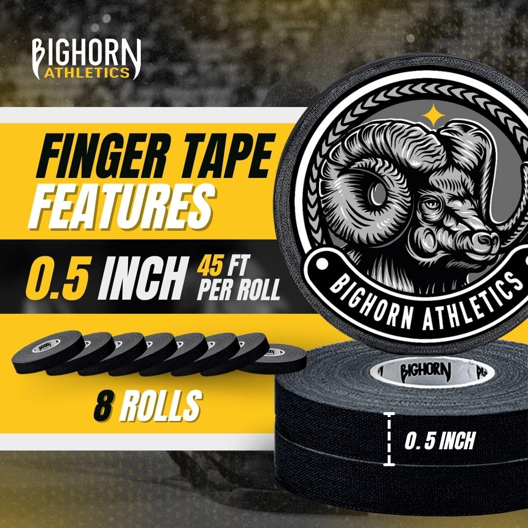 Bighorn Athletics Jiu Jitsu Finger Tape | Residue-Free Athletic Finger Tape for Sports & Injuries: Rock Climbing, Volleyball, Football, Basketball, Hands & Toes | 0.3-Inch x 45-feet, 8-Rolls, Black