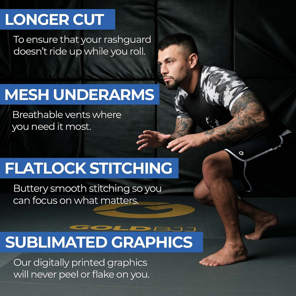 Gold BJJ Jiu Jitsu Rashguard - Camo Rash Guard Compression Shirt for No-Gi, Gi, & MMA