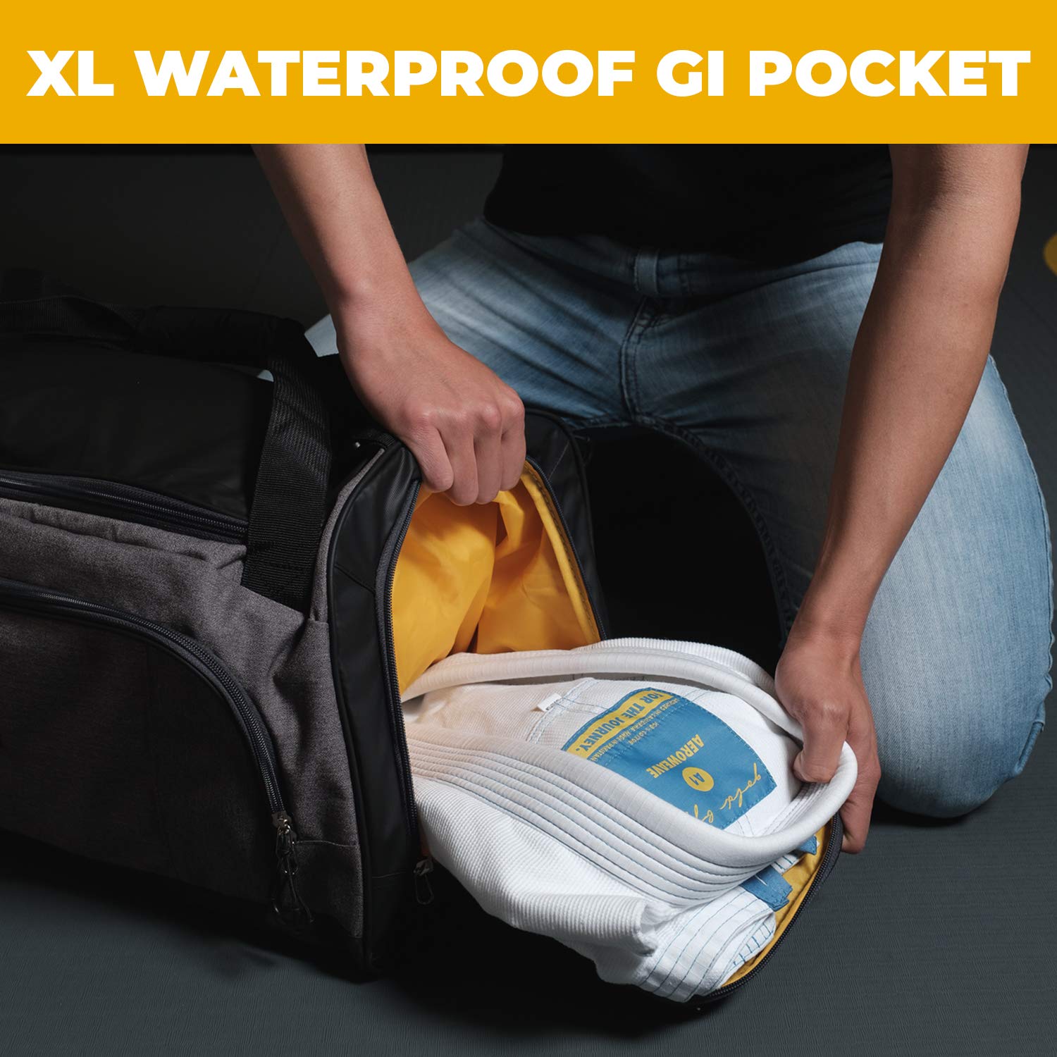 Gold BJJ Jiu Jitsu Duffle Bag - Waterproof Pocket for Sweaty Gi, Rashguard, or Shoes - The Perfect Duffel Bag for Martial Arts Gear, Boxing, MMA, and More