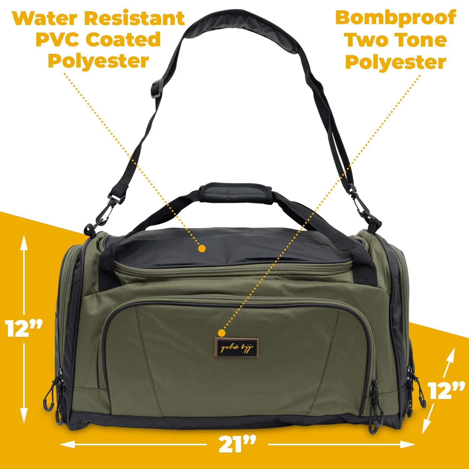 Gold BJJ Jiu Jitsu Duffle Bag - Waterproof Pocket for Sweaty Gi, Rashguard, or Shoes - The Perfect Duffel Bag for Martial Arts Gear, Boxing, MMA, and More