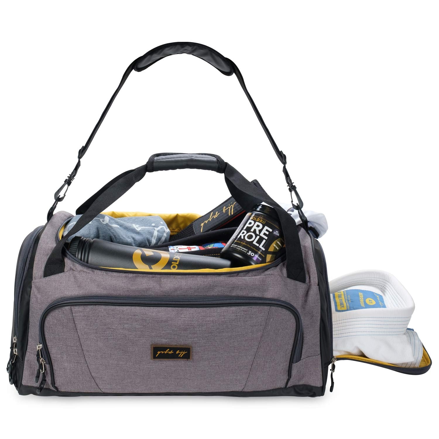 Gold BJJ Jiu Jitsu Duffle Bag - Waterproof Pocket for Sweaty Gi, Rashguard, or Shoes - The Perfect Duffel Bag for Martial Arts Gear, Boxing, MMA, and More