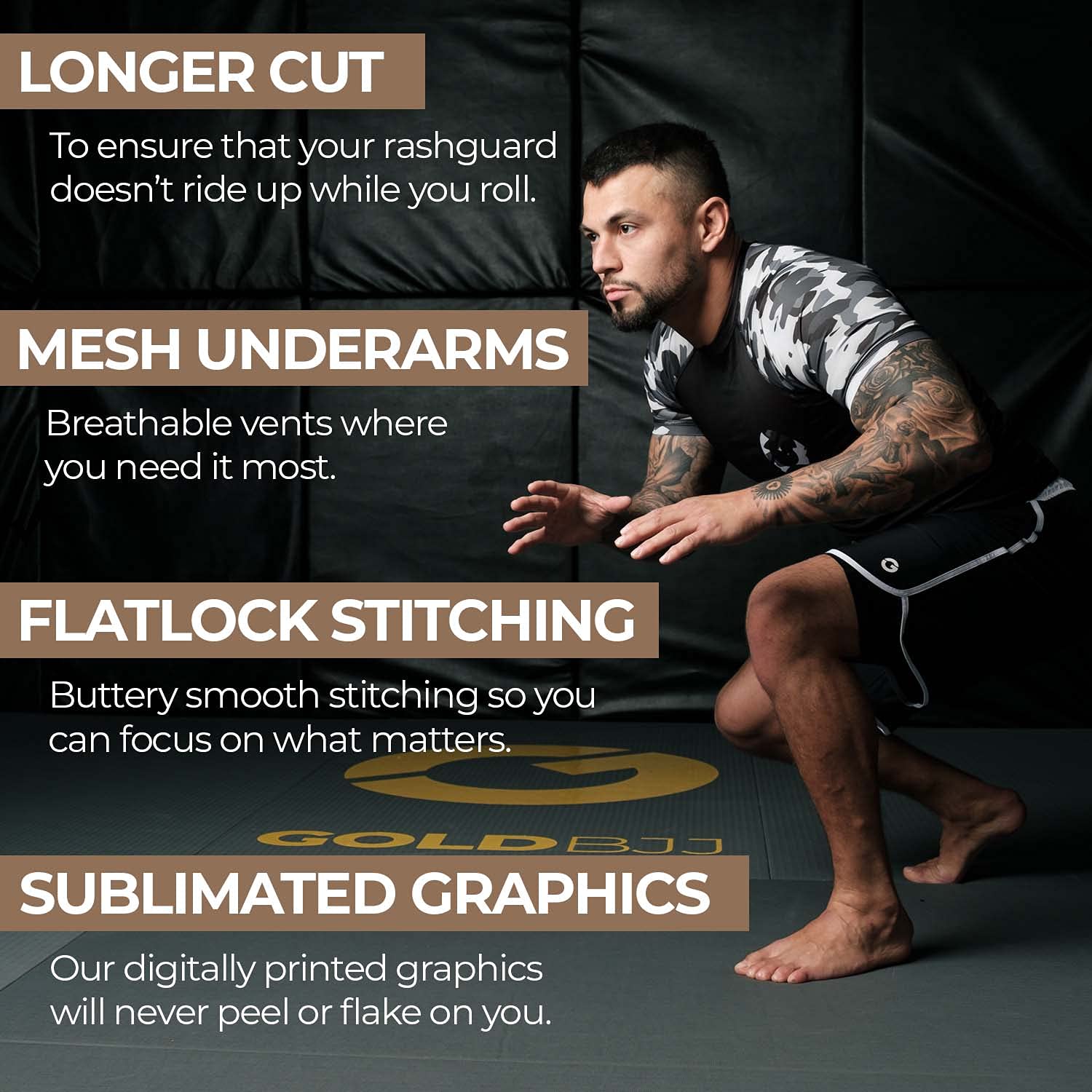 Gold BJJ Jiu Jitsu Rashguard - Camo Rash Guard Compression Shirt for No-Gi, Gi, & MMA