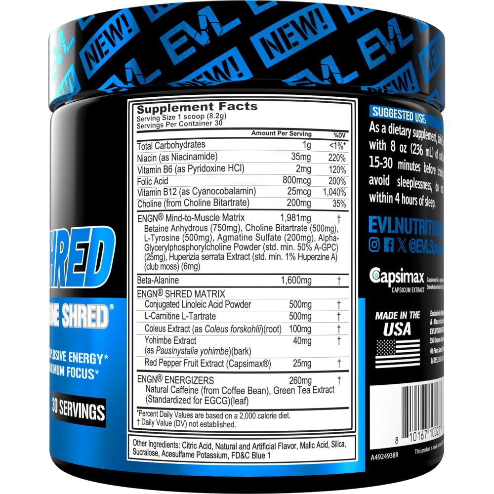 EVL Ultimate Pre Workout Powder - Thermogenic Fat Burner Preworkout Powder Drink for Lasting Energy Focus and Stamina - ENGN Shred Intense Fat Burning Creatine Free Preworkout Drink - Cherry Limeade