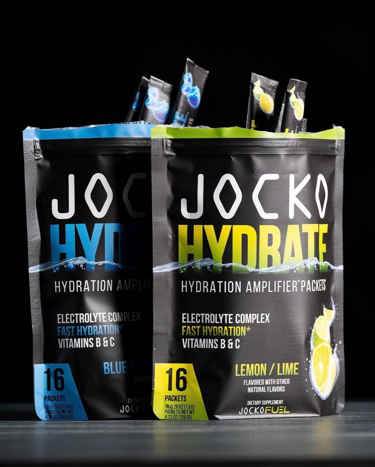 Jocko Fuel Packets Low Sugar - Hydration Amplifier Packets for Recovery, Dehydration, & Exercise - with Vitamins B6, B12 & C (16 Packets) Lemon Lime