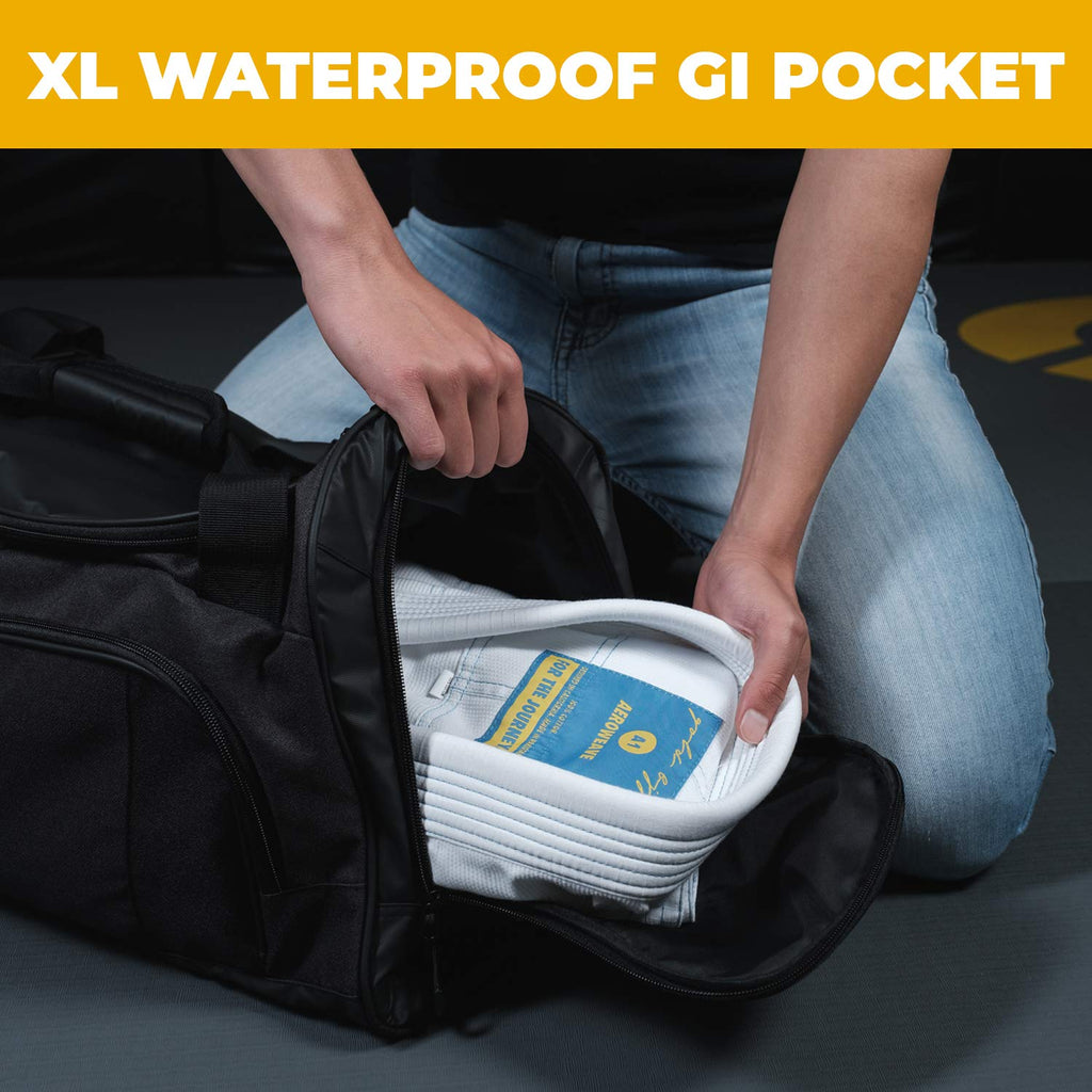 Gold BJJ Jiu Jitsu Duffle Bag - Waterproof Pocket for Sweaty Gi, Rashguard, or Shoes - The Perfect Duffel Bag for Martial Arts Gear, Boxing, MMA, and More
