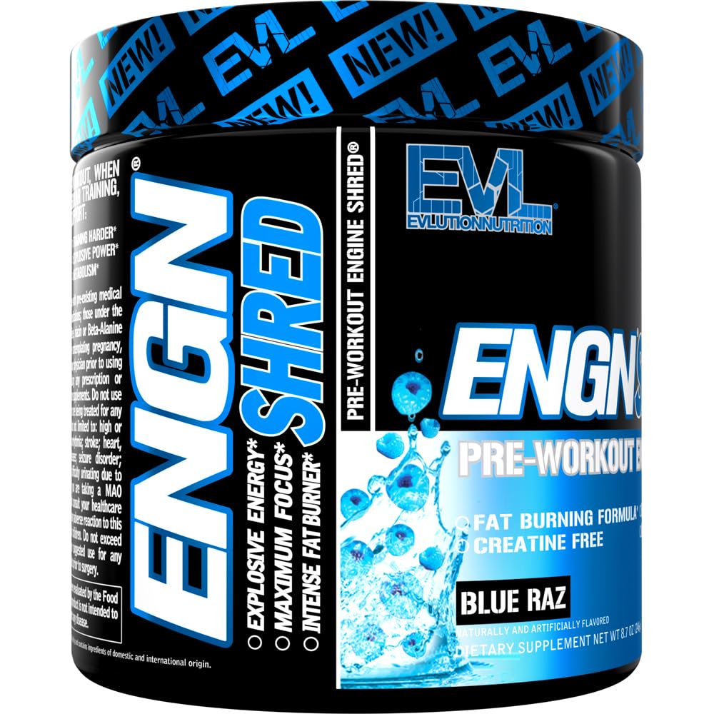 EVL Ultimate Pre Workout Powder - Thermogenic Fat Burner Preworkout Powder Drink for Lasting Energy Focus and Stamina - ENGN Shred Intense Fat Burning Creatine Free Preworkout Drink - Cherry Limeade