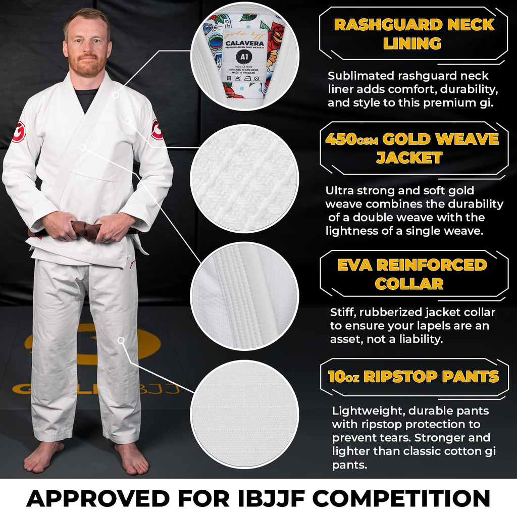 Gold BJJ Calavera Jiu Jitsu Gi - Ultra Strong Gold Weave Premium Kimono - IBJJF Competition Approved Uniform