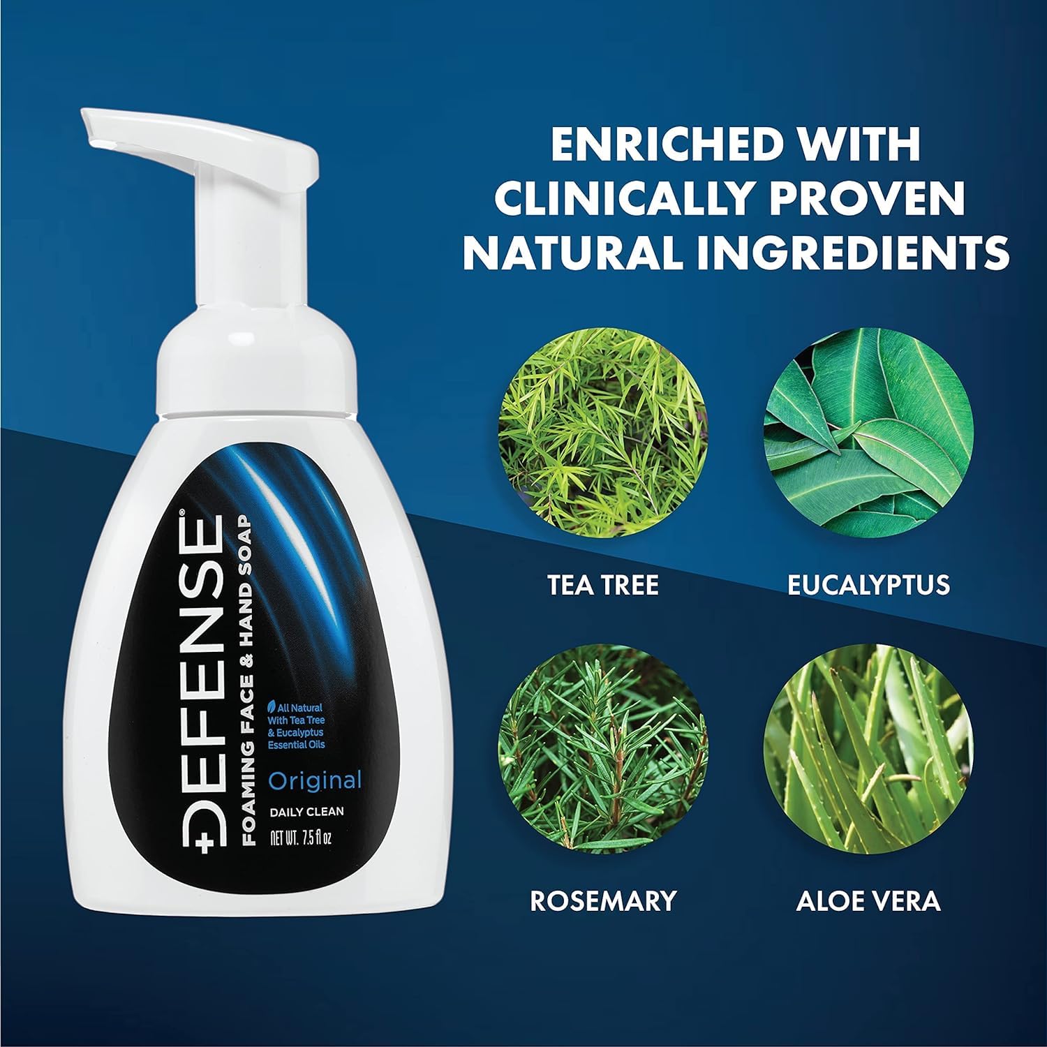 Defense Liquid Foaming Face & Hand Soap 7.5 Fl Oz with Tea Tree, Eucalyptus, Jojoba, Aloe Vera, Olive & Coconut Oils