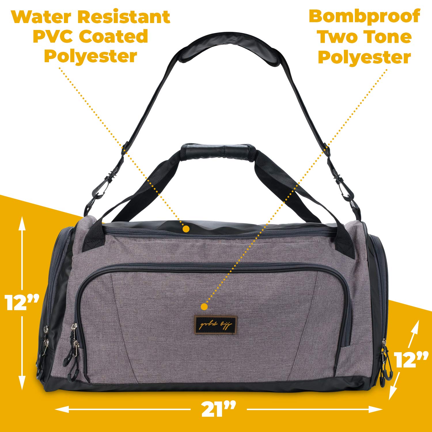 Gold BJJ Jiu Jitsu Duffle Bag - Waterproof Pocket for Sweaty Gi, Rashguard, or Shoes - The Perfect Duffel Bag for Martial Arts Gear, Boxing, MMA, and More