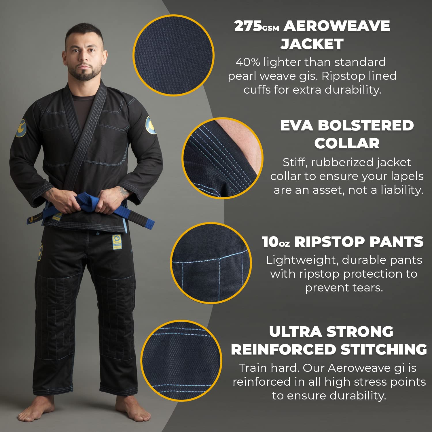 Gold BJJ Aeroweave Jiu Jitsu Gi - Ultra Lightweight BJJ Gi - Preshrunk Brazilian Jiu Jitsu Uniform for Men