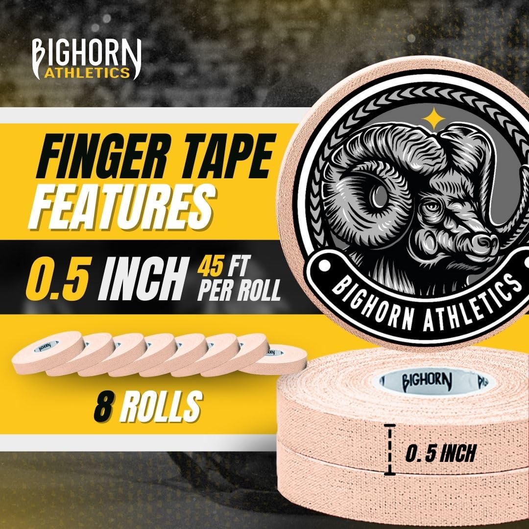 Bighorn Athletics Jiu Jitsu Finger Tape | Residue-Free Athletic Finger Tape for Sports & Injuries: Rock Climbing, Volleyball, Football, Basketball, Hands & Toes | 0.3-Inch x 45-feet, 8-Rolls, Black