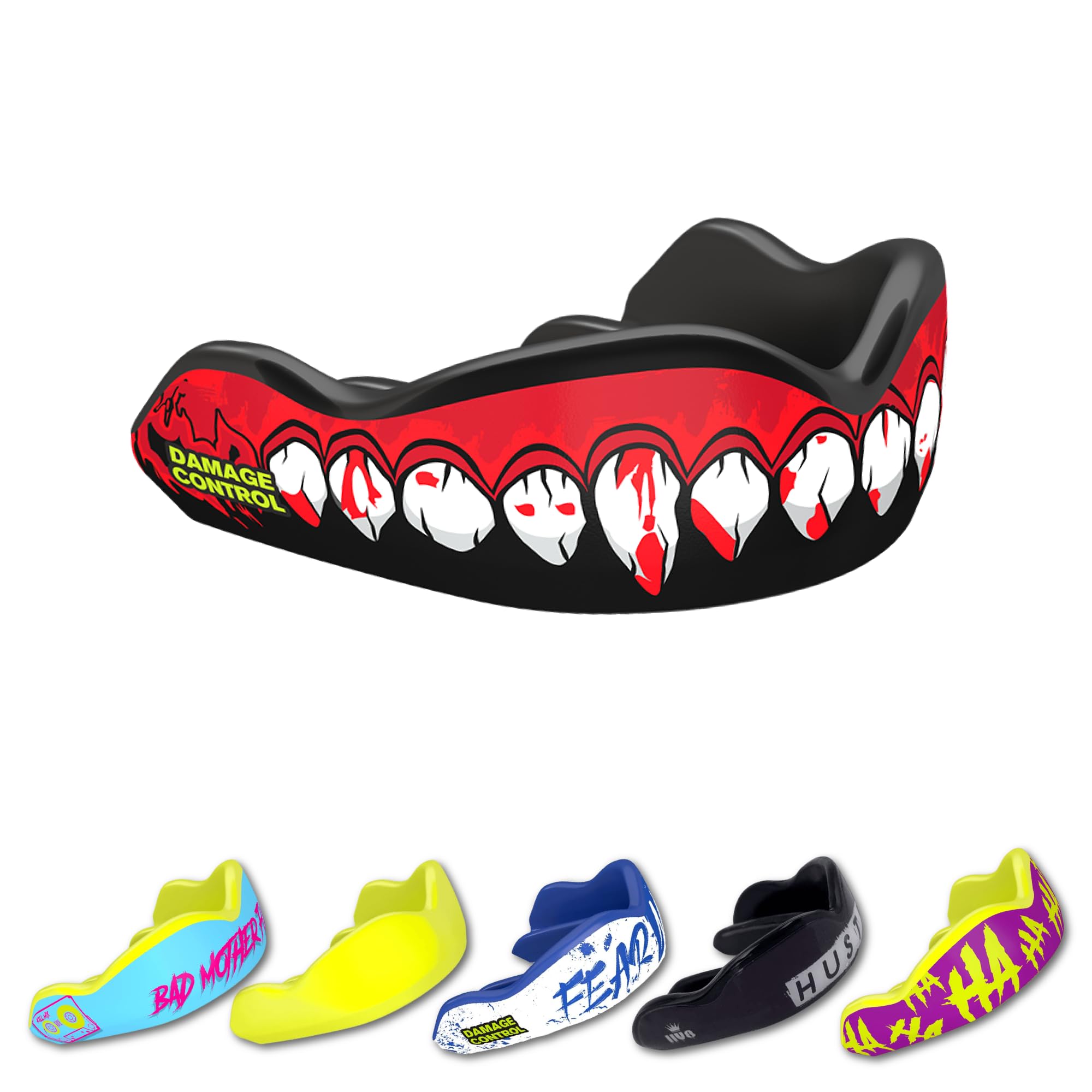 DAMAGE CONTROL High-Impact Mouth Guard – Sports Mouthguard for Boxing, Football, Hockey, Lacrosse & Basketball, Protects Teeth & Jaw, Protective Mouthpiece for Adults & Youth (Adult, HA HA HA 2.0)