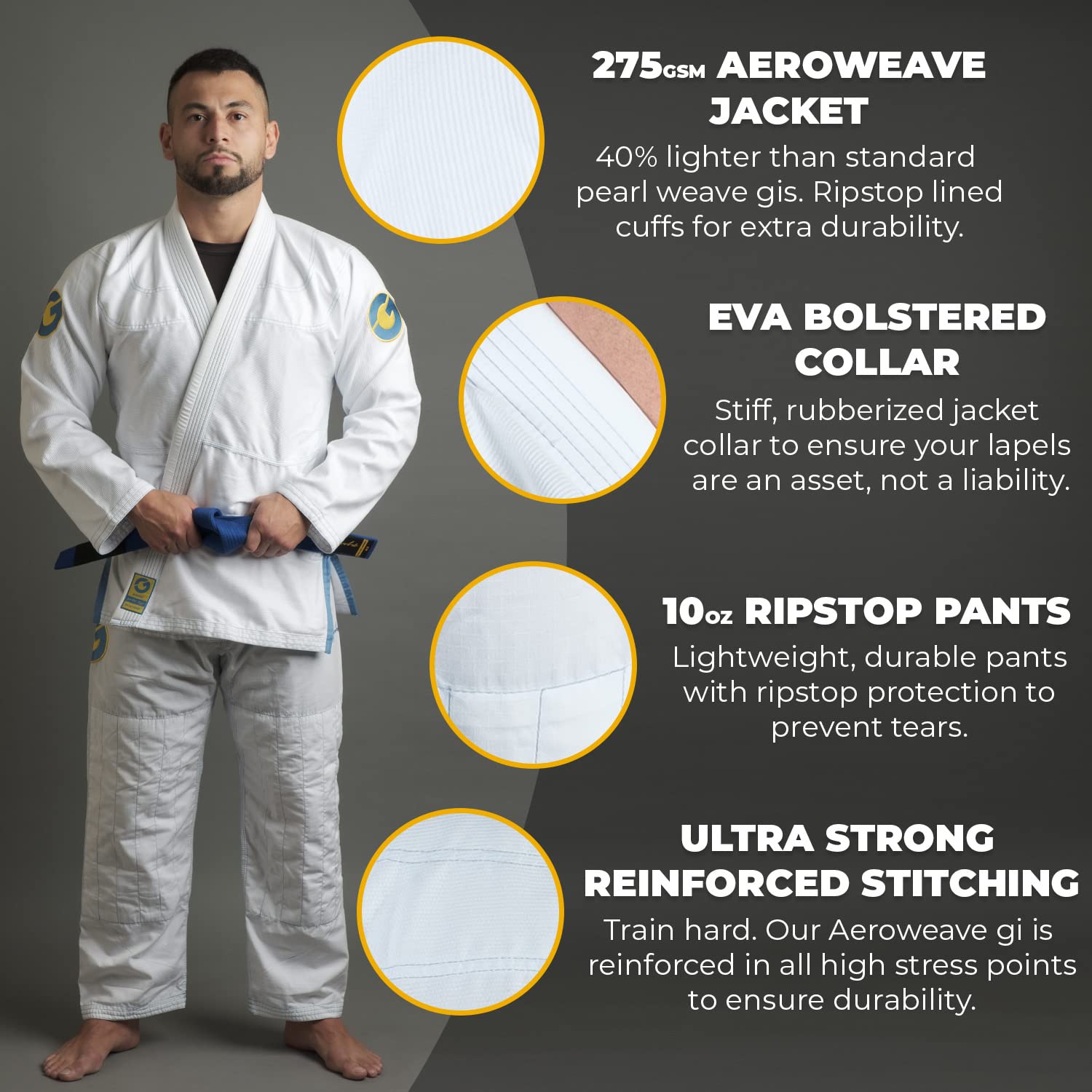 Gold BJJ Aeroweave Jiu Jitsu Gi - Ultra Lightweight BJJ Gi - Preshrunk Brazilian Jiu Jitsu Uniform for Men