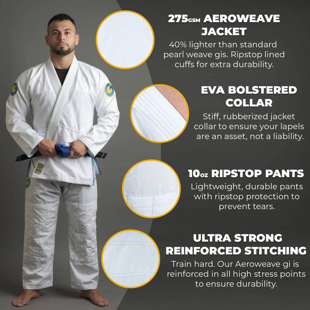 Gold BJJ Aeroweave Jiu Jitsu Gi - Ultra Lightweight BJJ Gi - Preshrunk Brazilian Jiu Jitsu Uniform for Men