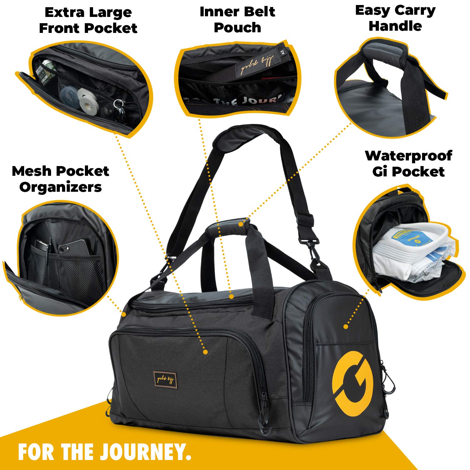 Gold BJJ Jiu Jitsu Duffle Bag - Waterproof Pocket for Sweaty Gi, Rashguard, or Shoes - The Perfect Duffel Bag for Martial Arts Gear, Boxing, MMA, and More