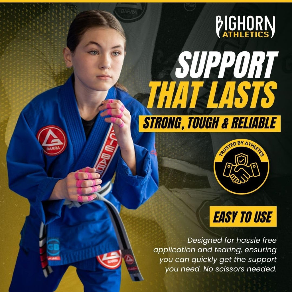 Bighorn Athletics Jiu Jitsu Finger Tape | Residue-Free Athletic Finger Tape for Sports & Injuries: Rock Climbing, Volleyball, Football, Basketball, Hands & Toes | 0.3-Inch x 45-feet, 8-Rolls, Black
