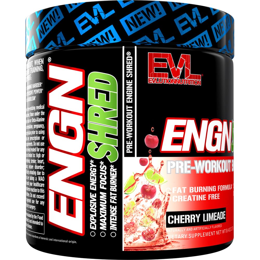 EVL Ultimate Pre Workout Powder - Thermogenic Fat Burner Preworkout Powder Drink for Lasting Energy Focus and Stamina - ENGN Shred Intense Fat Burning Creatine Free Preworkout Drink - Cherry Limeade