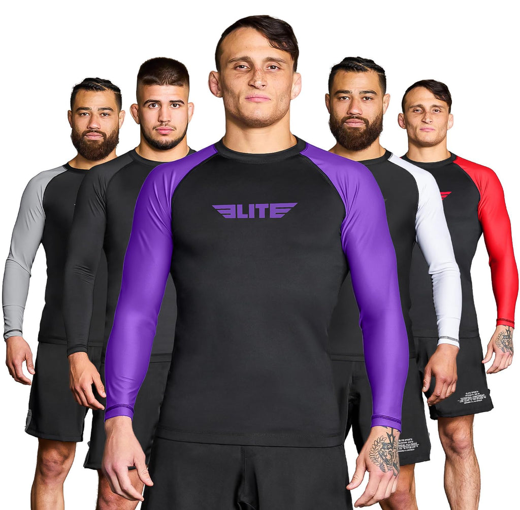Elite Sports Men's Jiu Jitsu BJJ Rash Guard, Long Full Sleeve Compression Shirt for Sports Nogi Training