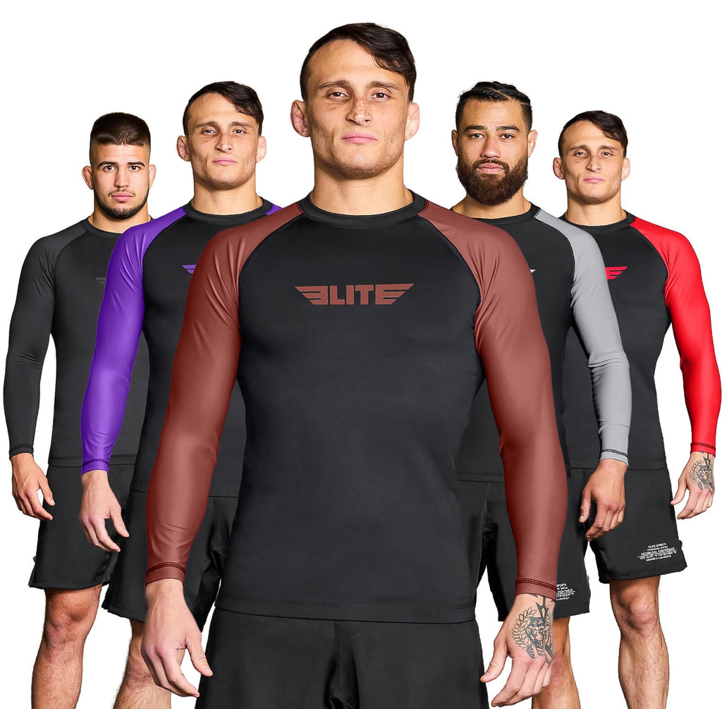 Elite Sports Men's Jiu Jitsu BJJ Rash Guard, Long Full Sleeve Compression Shirt for Sports Nogi Training