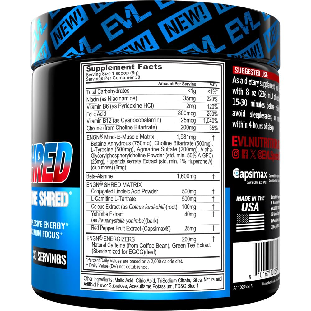 EVL Ultimate Pre Workout Powder - Thermogenic Fat Burner Preworkout Powder Drink for Lasting Energy Focus and Stamina - ENGN Shred Intense Fat Burning Creatine Free Preworkout Drink - Cherry Limeade