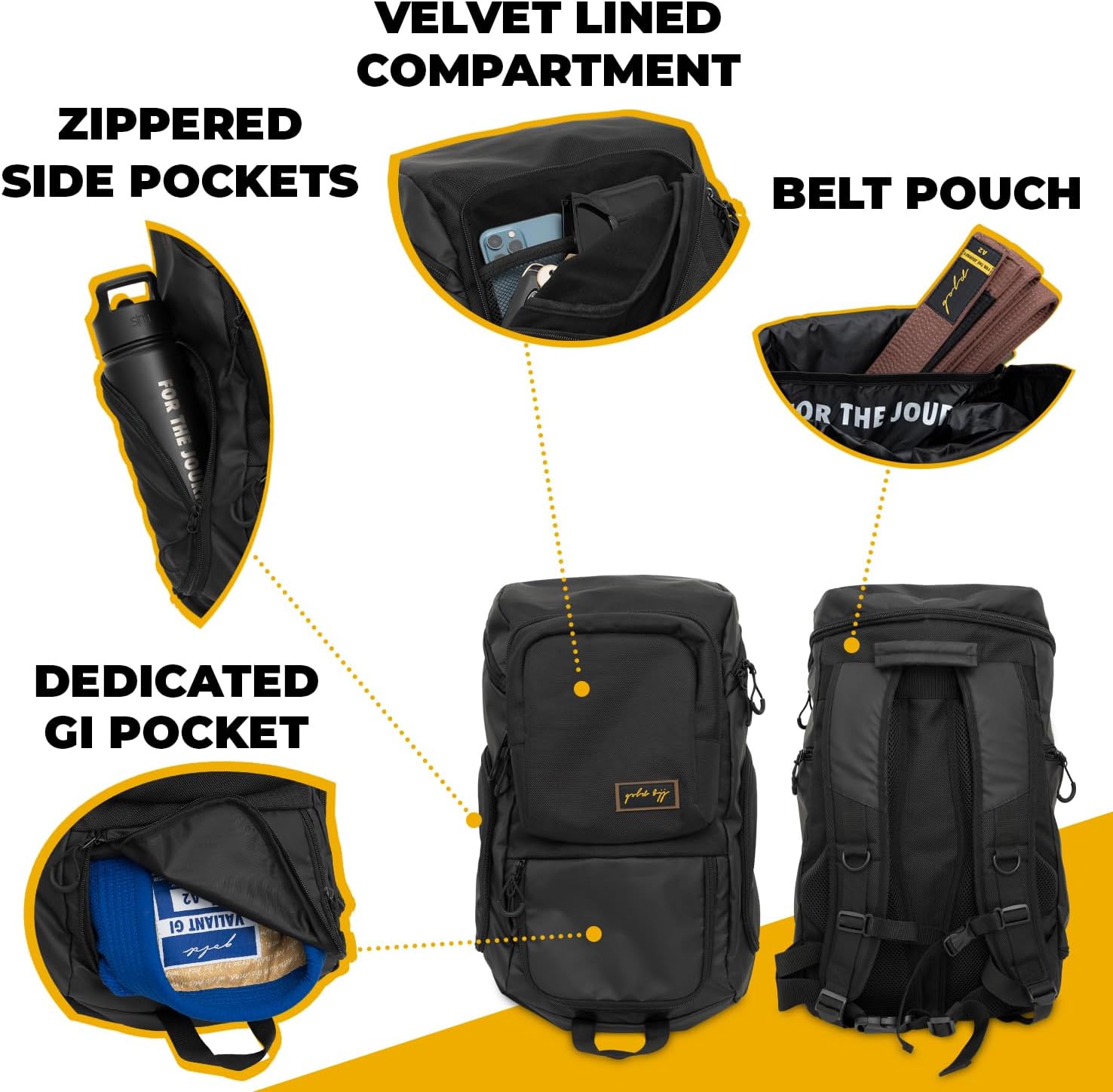 Gold BJJ Jiu Jitsu Backpack - Heavy Duty Gym Bag with Waterproof Gi Pocket