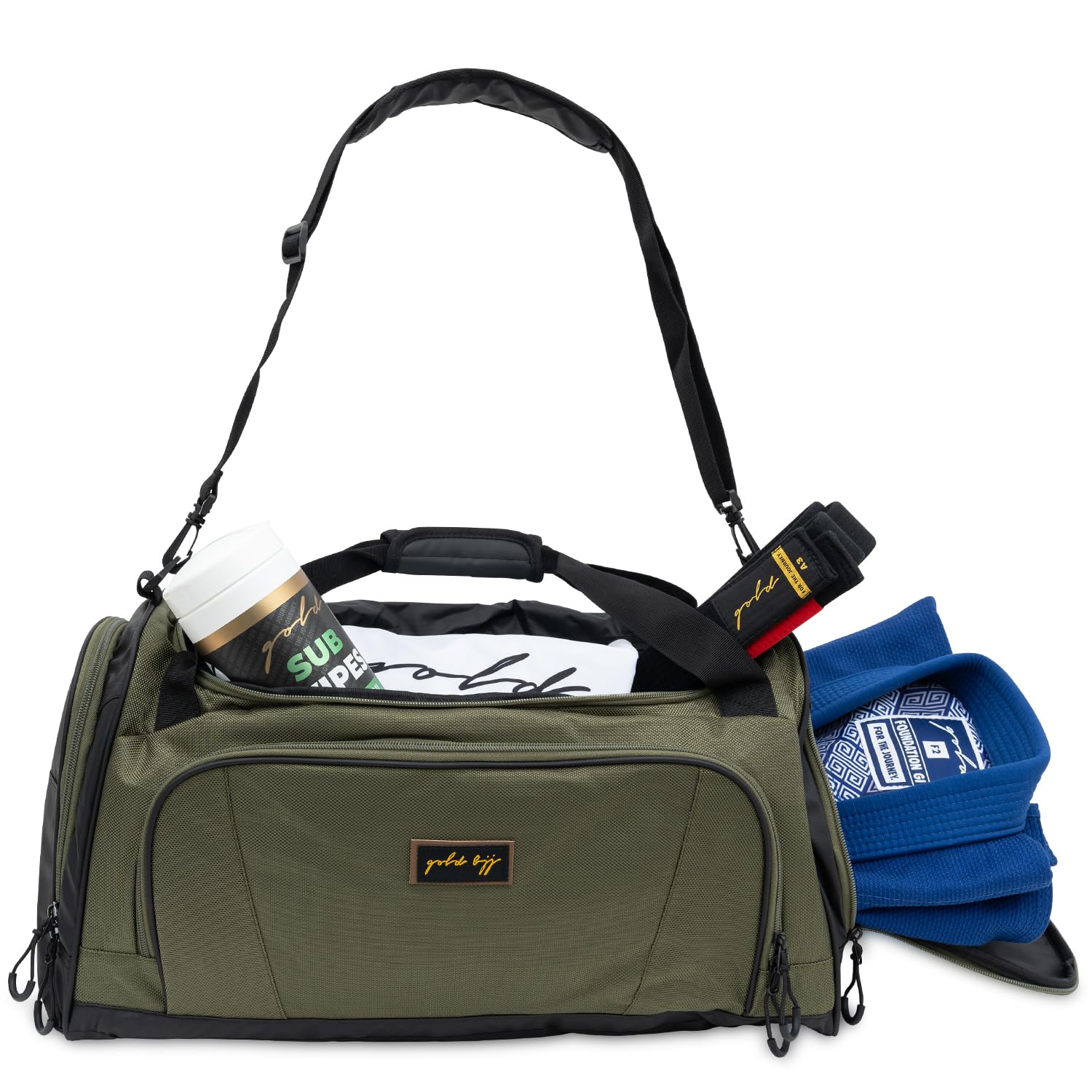 Gold BJJ Jiu Jitsu Duffle Bag - Waterproof Pocket for Sweaty Gi, Rashguard, or Shoes - The Perfect Duffel Bag for Martial Arts Gear, Boxing, MMA, and More