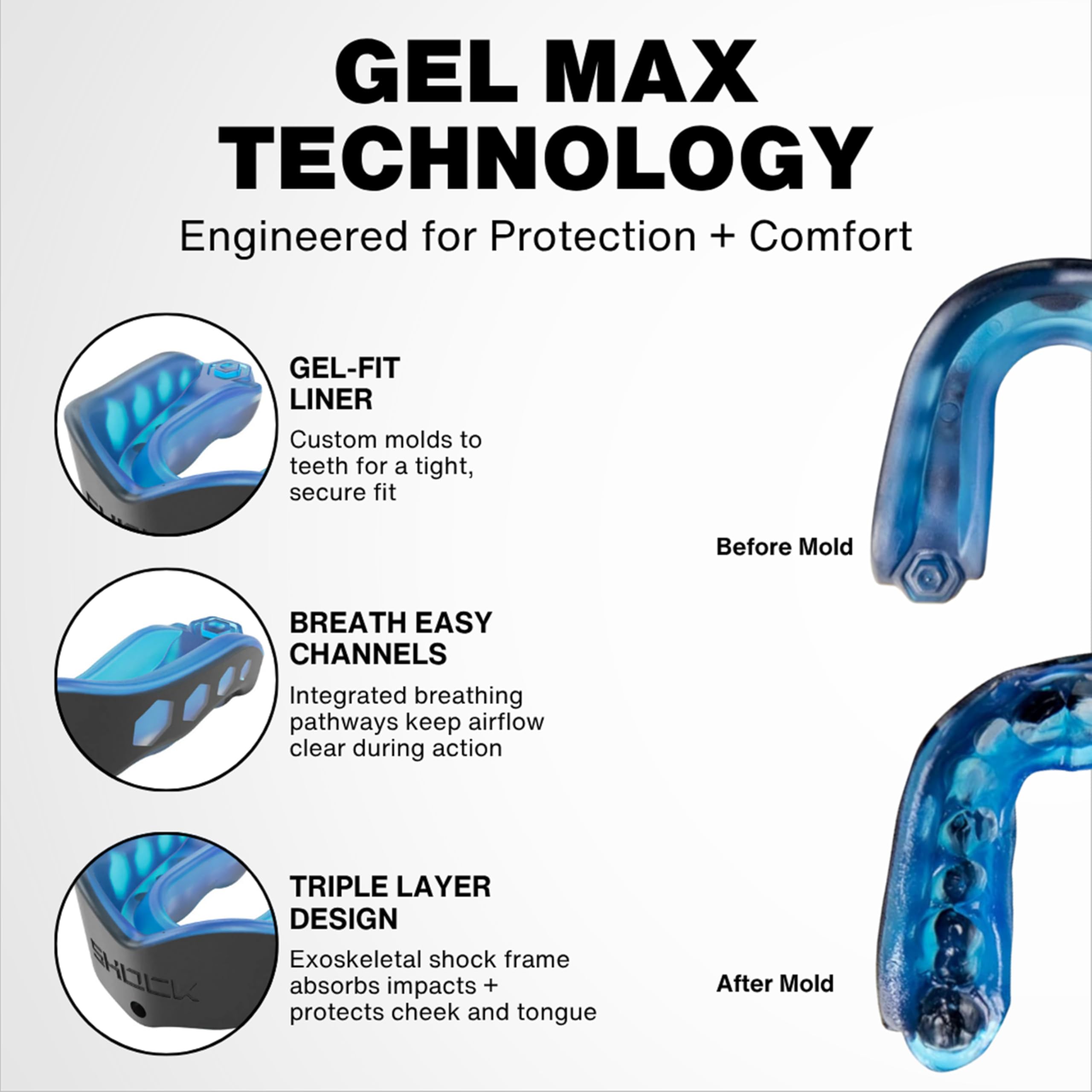 Shock Doctor Mouth Guard Sports, Hockey, Lacrosse, Baseball, Wrestling Moutguard, Gel Max Heavy Duty Protection & Custom Fit, Football Mouth Guard with Strap, Adult & Youth Mouthguard