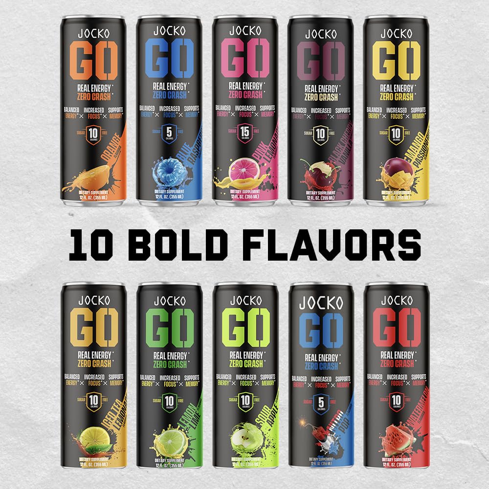 Jocko Fuel Blue Raspberry Energy Drink, 12 Pack, 0 Sugar, 95mg Caffeine, Supports Brain Health