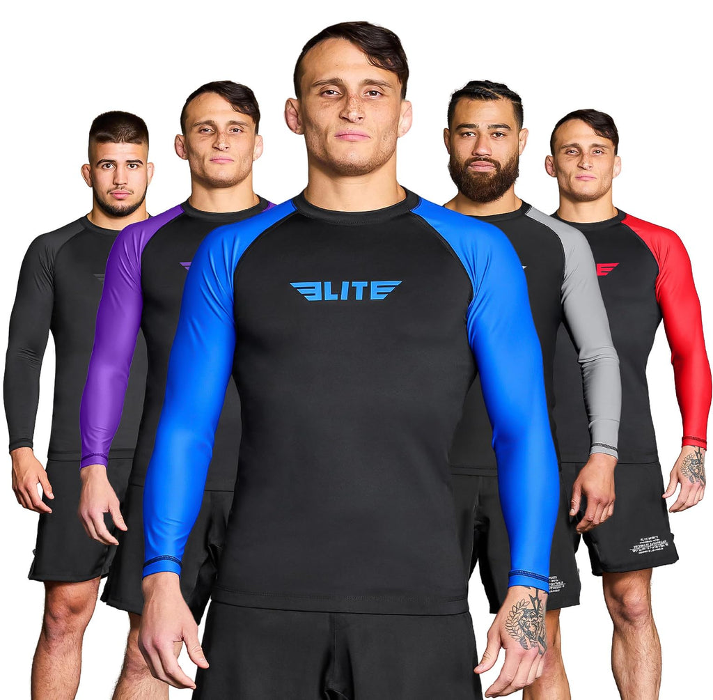 Elite Sports Men's Jiu Jitsu BJJ Rash Guard, Long Full Sleeve Compression Shirt for Sports Nogi Training