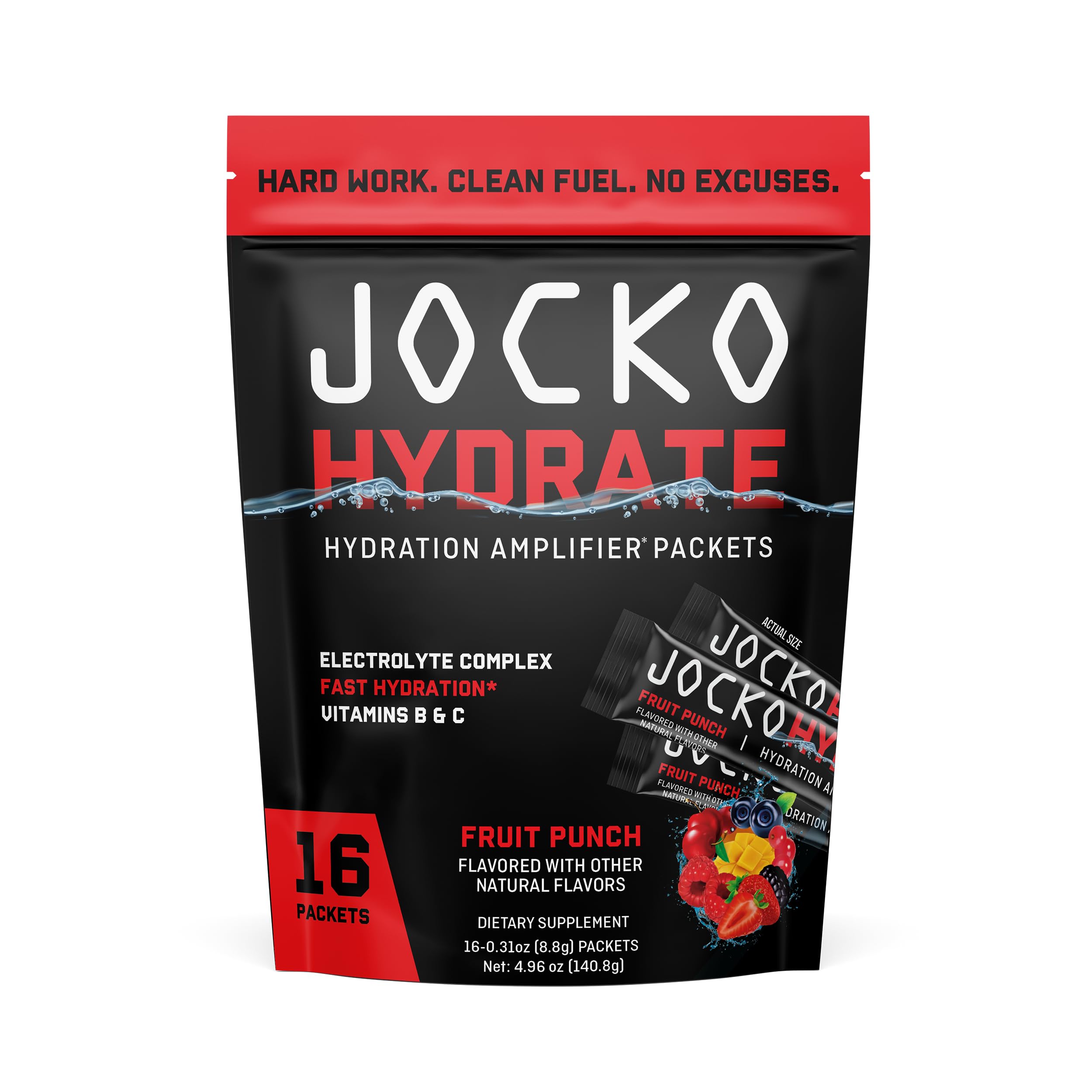 Jocko Fuel Packets Low Sugar - Hydration Amplifier Packets for Recovery, Dehydration, & Exercise - with Vitamins B6, B12 & C (16 Packets) Lemon Lime