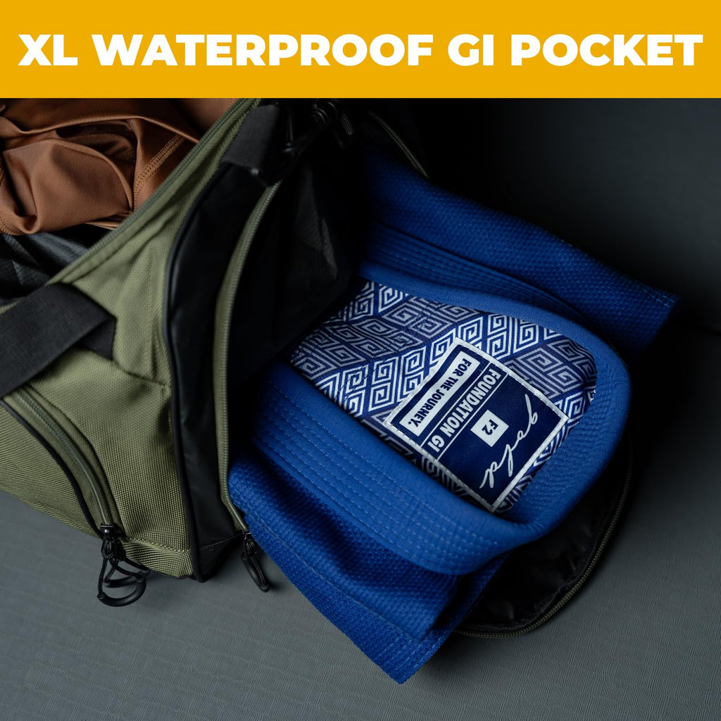 Gold BJJ Jiu Jitsu Duffle Bag - Waterproof Pocket for Sweaty Gi, Rashguard, or Shoes - The Perfect Duffel Bag for Martial Arts Gear, Boxing, MMA, and More