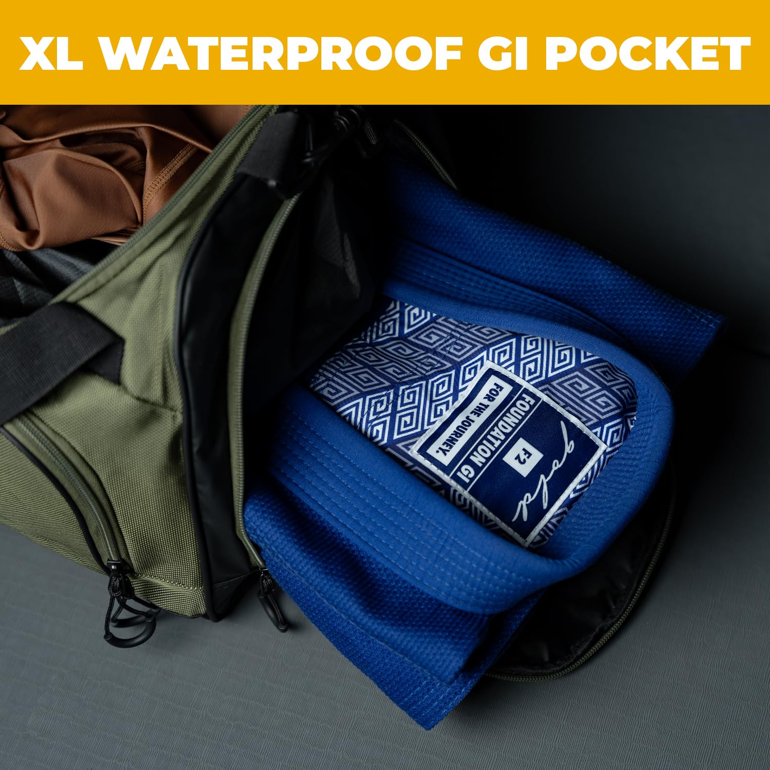 Gold BJJ Jiu Jitsu Duffle Bag - Waterproof Pocket for Sweaty Gi, Rashguard, or Shoes - The Perfect Duffel Bag for Martial Arts Gear, Boxing, MMA, and More