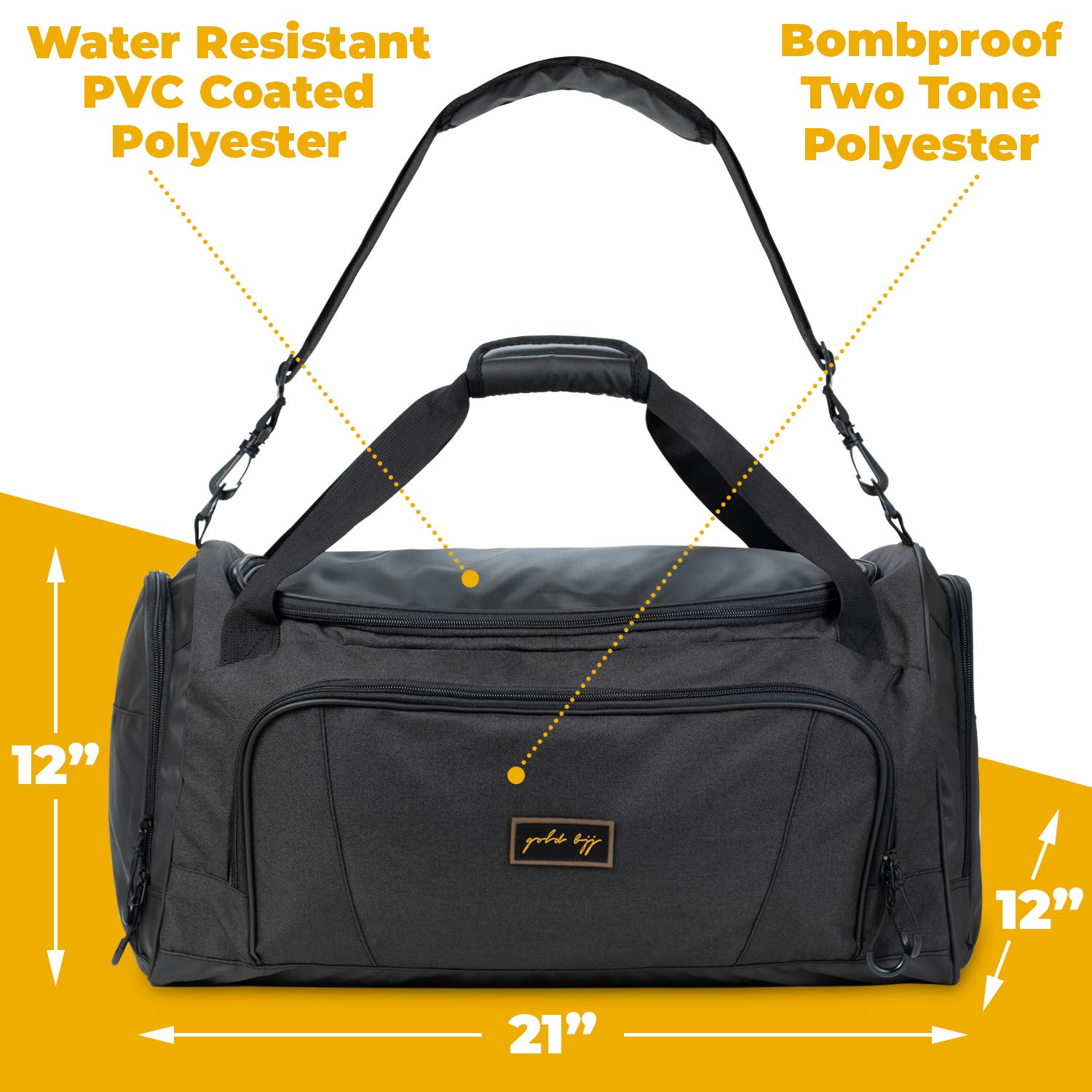 Gold BJJ Jiu Jitsu Duffle Bag - Waterproof Pocket for Sweaty Gi, Rashguard, or Shoes - The Perfect Duffel Bag for Martial Arts Gear, Boxing, MMA, and More