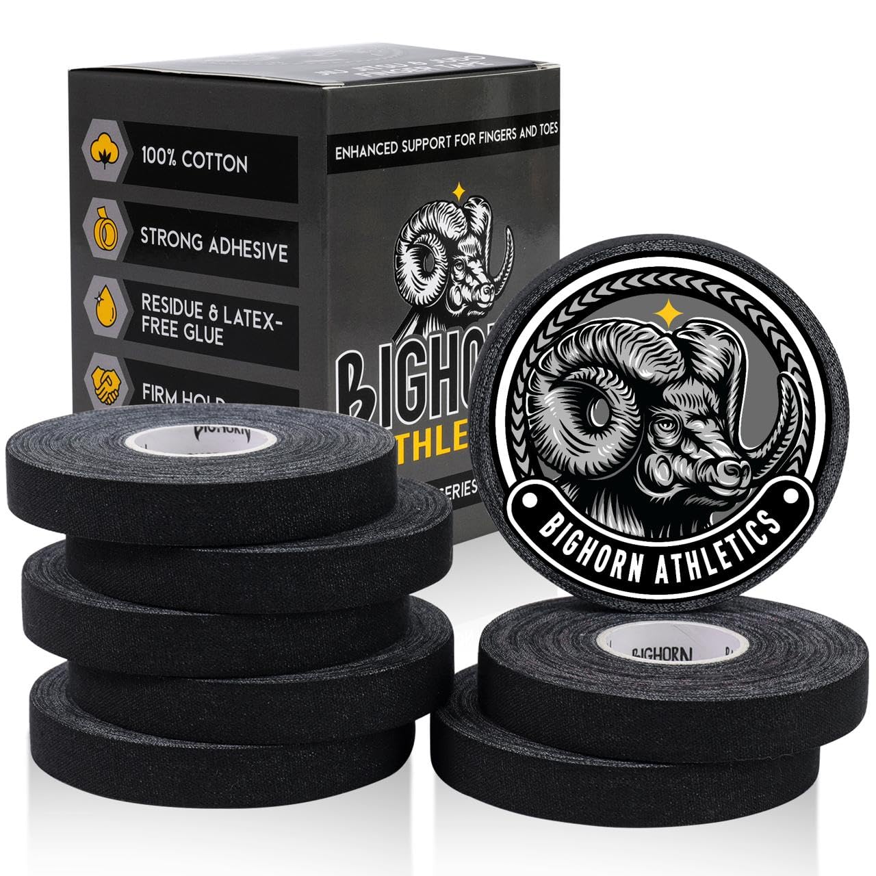 Bighorn Athletics Jiu Jitsu Finger Tape | Residue-Free Athletic Finger Tape for Sports & Injuries: Rock Climbing, Volleyball, Football, Basketball, Hands & Toes | 0.3-Inch x 45-feet, 8-Rolls, Black