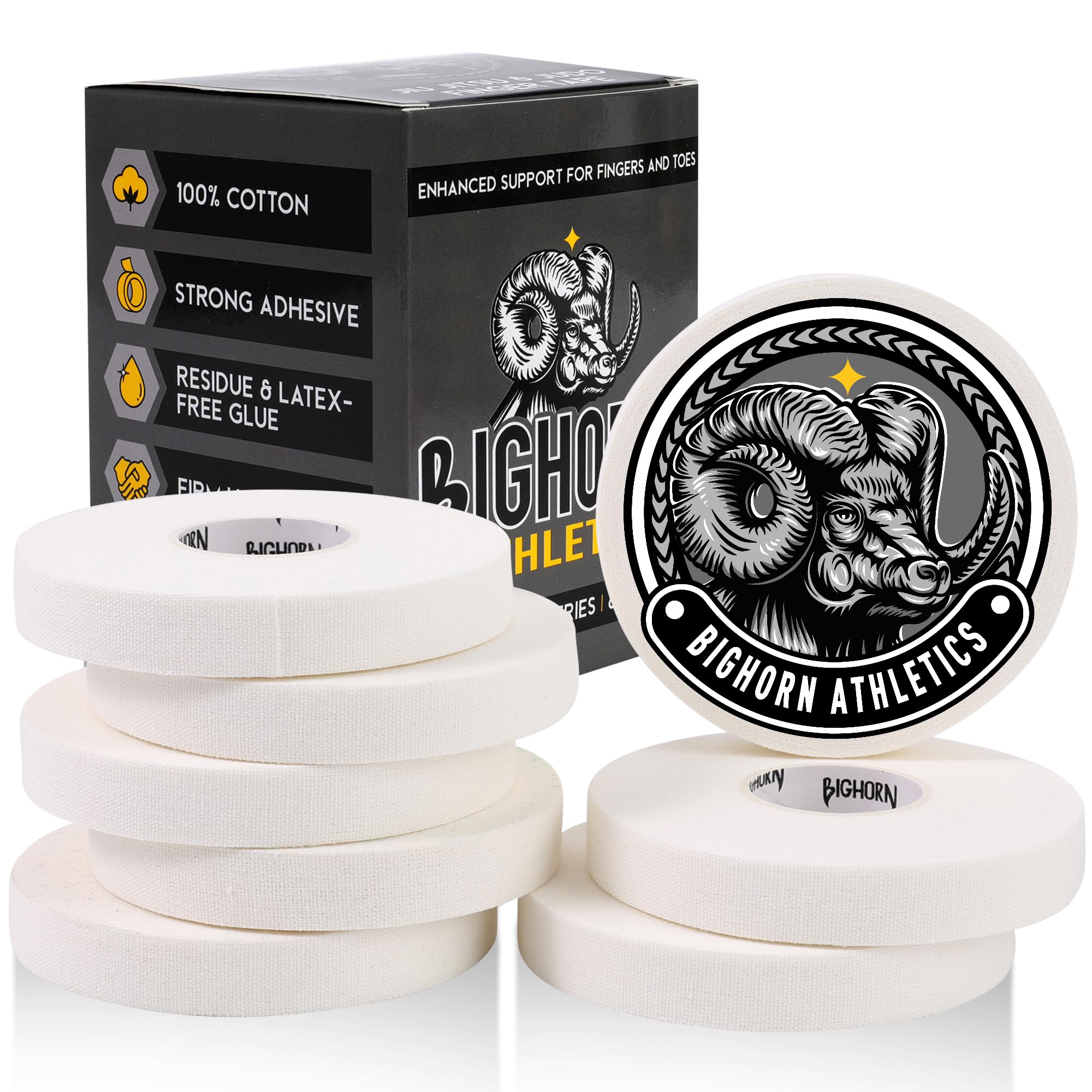 Bighorn Athletics Jiu Jitsu Finger Tape | Residue-Free Athletic Finger Tape for Sports & Injuries: Rock Climbing, Volleyball, Football, Basketball, Hands & Toes | 0.3-Inch x 45-feet, 8-Rolls, Black